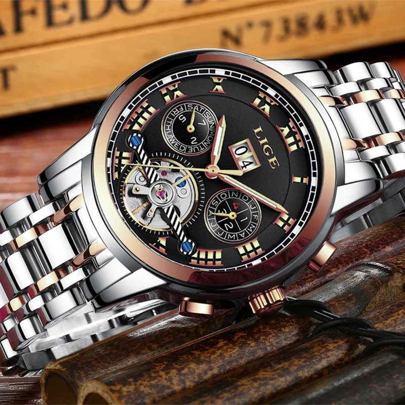 Часы наручные LIGE Мужские автоматические брендовые Роскошные деловые