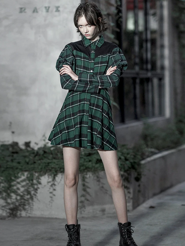 Панк рейв Женская гранж с пышными рукавами зеленый плед платье рубашка поясом PQ