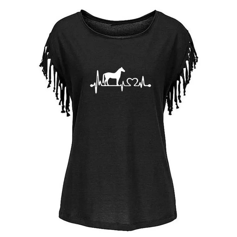 

2021 New Creative Horse Heartbeat Women Cotton Tassel Casual T-shirt Clothes Animals Tees Short Sleeve O-neck Women T-shirt