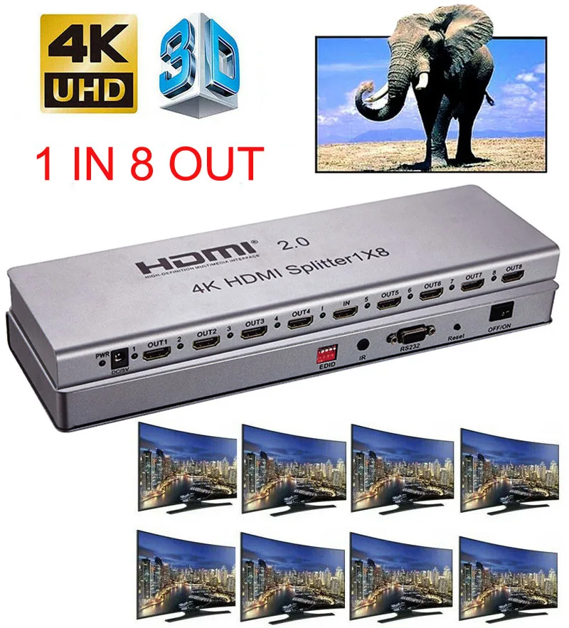 4K 1x8 HDMI 2 0 сплиттер 1 в 4 6 8 выход 1x2 1x4 видео преобразователь 60 Гц 3D EDID RS232 для PS4 ПК DVD к
