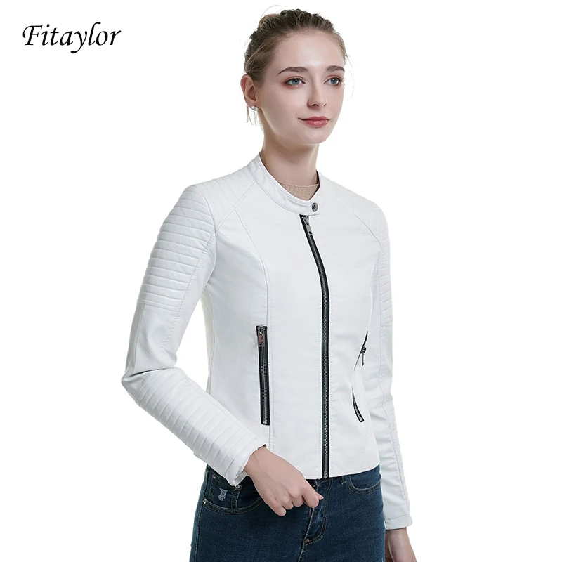 Fitaylor новинка Женская Осенняя белая куртка из искусственной кожи на молнии
