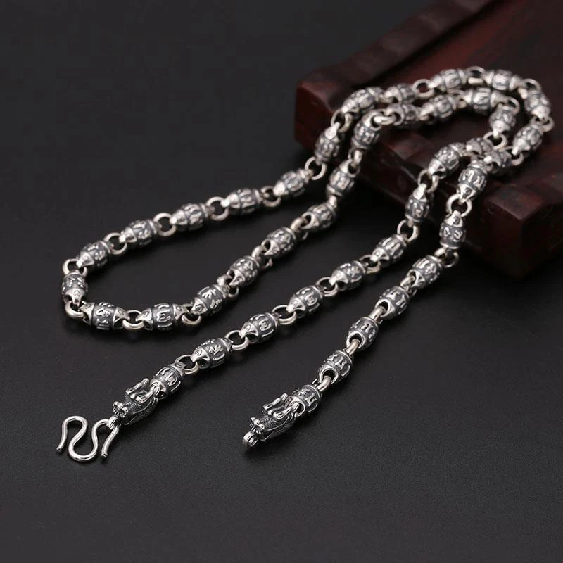 

New Six-character Mantra Leading Silver Necklace Men's Retro Style Domineering Personality Chain Fashion Jewelry Accessories