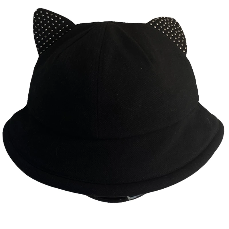 

Women Bucket Cap Riveting Cat Ears Men Fisherman Hat Day to Day Activity Multicolor Sun Protection Foldable Hat