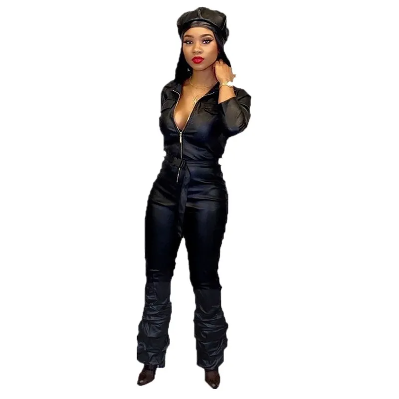 Женское боди из ПУ кожи с длинным рукавом на молнии спереди | Женская одежда