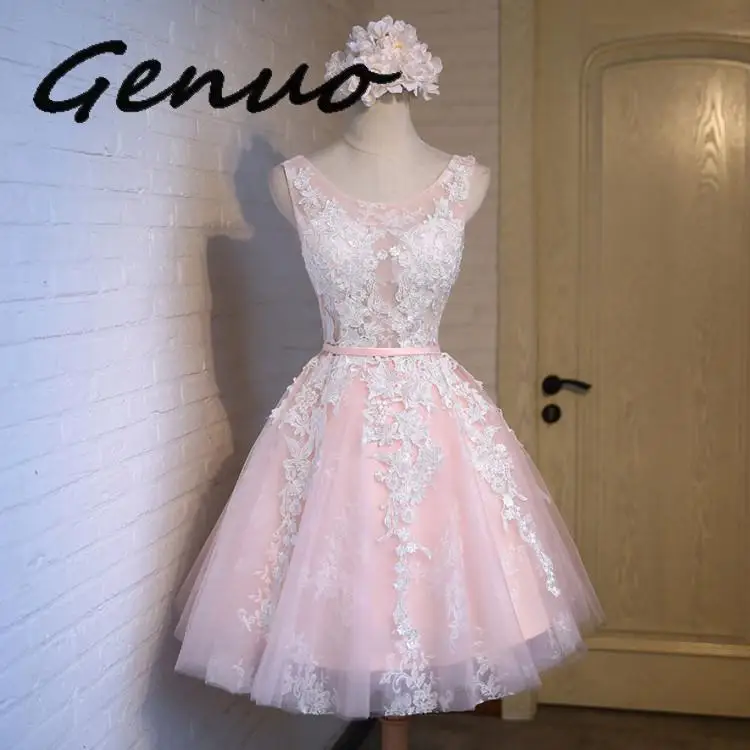 

Genuo New 2019 Women Girls Lace Dresses Elegant Vintage Applique Pleated Ball Gown Evening Party Dress Short Formal Dress
