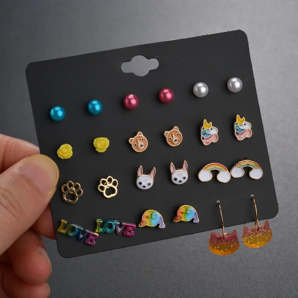 Terreau Kathy 12 пары/компл. Женская милая красочная Радуга Эмаль животное кролик Сова