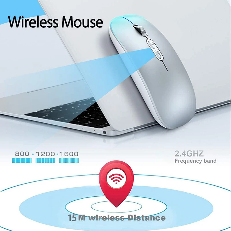 

2.4GHz Rechargeable Mouse with 3 Adjustable DPI Silent Wireless Mouse Dual Mode Computer Mice Compatible for PC/Phone