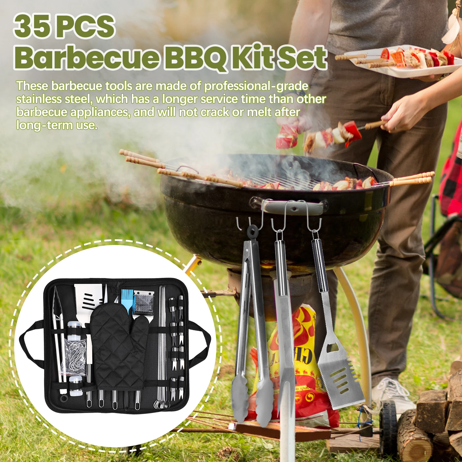 

35 PCS Barbecue BBQ Kit Set Outdoor Home Kitchen Backyard Barbecue Kit Set Stainless Steel Spatula Skewers Set with Storage Bag