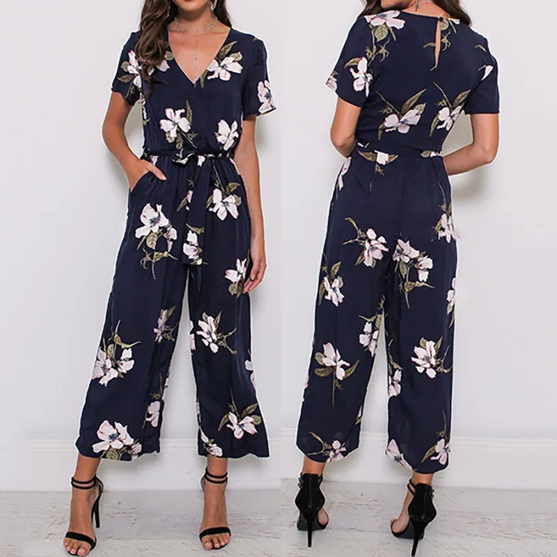 Women's Fashion V-Neck Short-Sleeved High Waist Pants Jumpsuits |