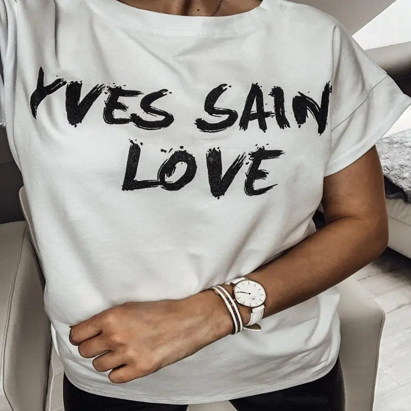 Новая Футболка Harajuku с надписью «Yves ST Love», топы с короткими рукавами и принтом, футболки, летняя винтажная Эстетическая Повседневная Милая женская футболка - Цвет: White