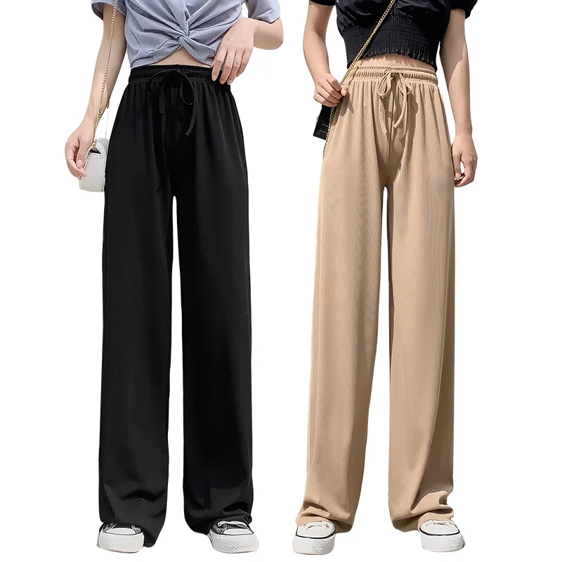 

Summer New Ice Silk Wide Leg Pants Women's High Waist Loose Slim Casual Pants Women bottoms Long Floor Pants streetwear women