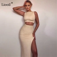 liooil black white two piece tight set sexy tank tops and slit skirts 2021 sleeveless high waist 2pcs party outfits skirt sets
