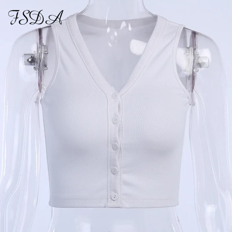 FSDA V Neck Button White Casual Crop Top Women Summer Sleeveless Off Shoulder Sexy Party Tank Knit | Женская одежда