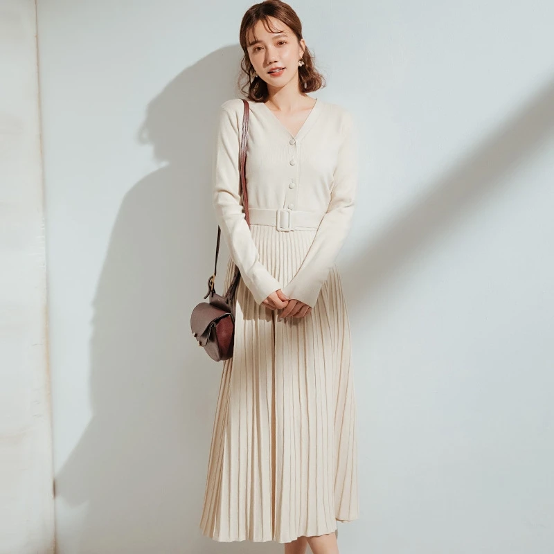 Autumn Winter New Retro Button Knitted Pleated Sweater Dress Women Long Sleeve Pink Black A Line Striped Bodycon Vestidos Mujer | Женская