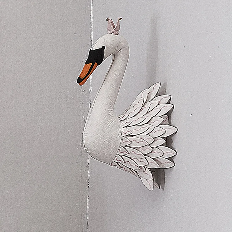 Swan Голова животного, плюшевая кукла, фламинго, голова слона, настенное крепление, мягкие плюшевые игрушки, украшение для детской спальни, войлочные настенные куклы, реквизит для фотосессии - Цвет: Swan