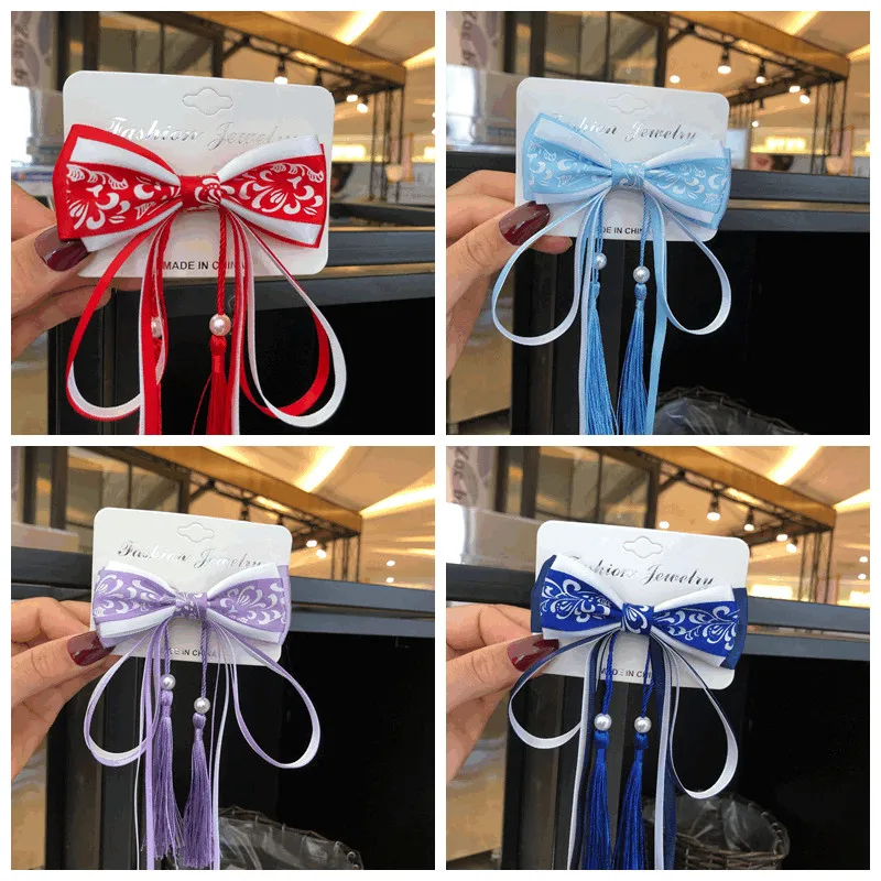 Заколка для волос с кисточками белый и синий зажим в китайском старинном стиле