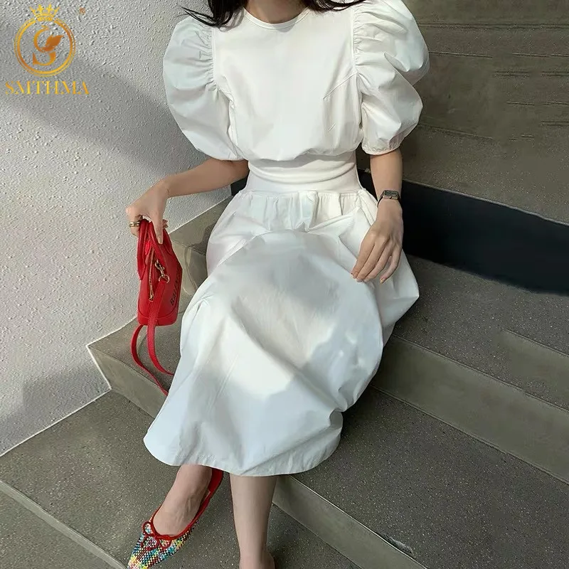 

SMTHMA 2022 New Korea Style Summer Dress Women Casual High Waist Big Swing Puff Sleeve Dresses Eleagnt Slim Fashion Long Dress