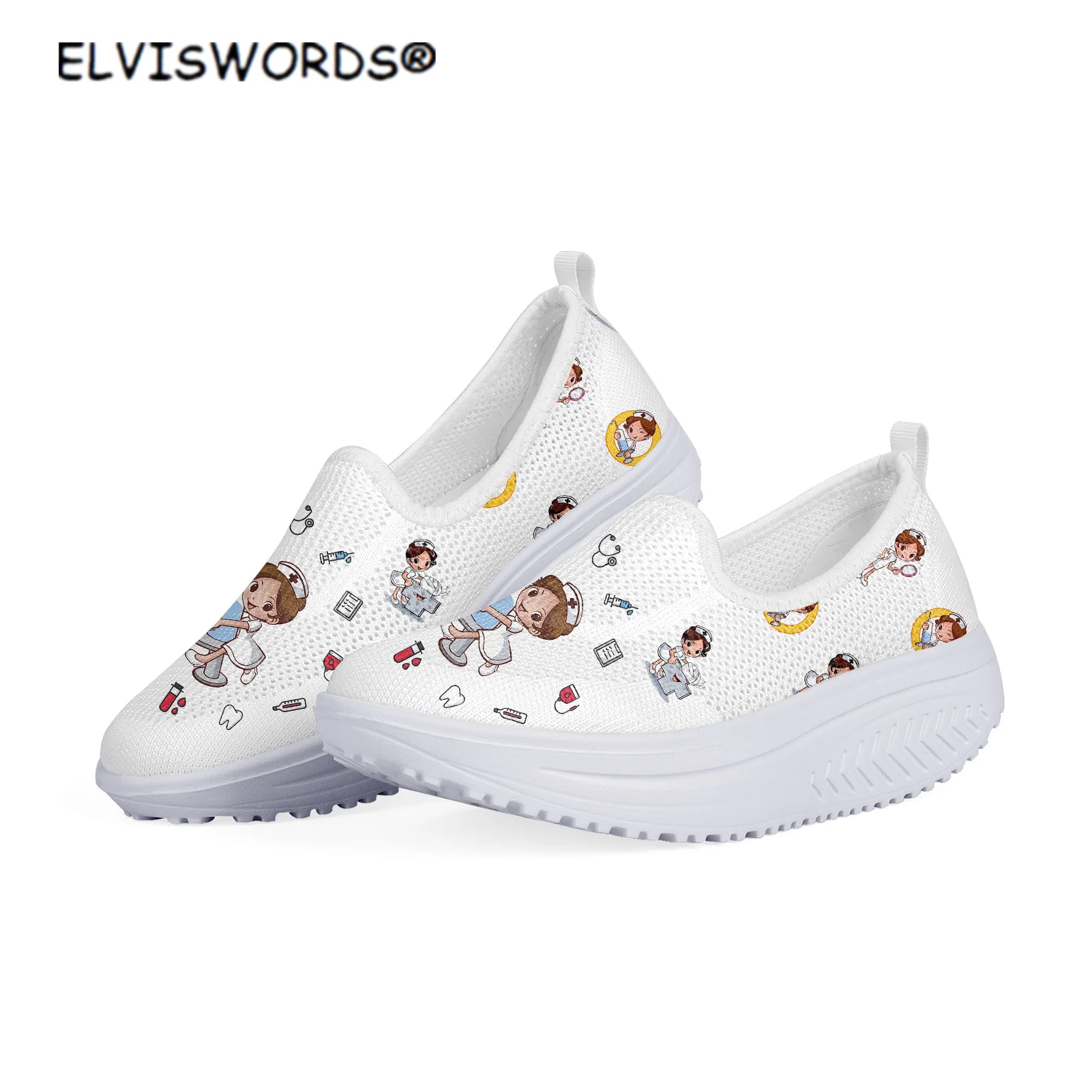 

ELVISWORDS Cute Solid Color Nurse Pattern Fashionable Sneakers for Women Ladies Breathable Mesh Swing Shoes Woman Flats Platform