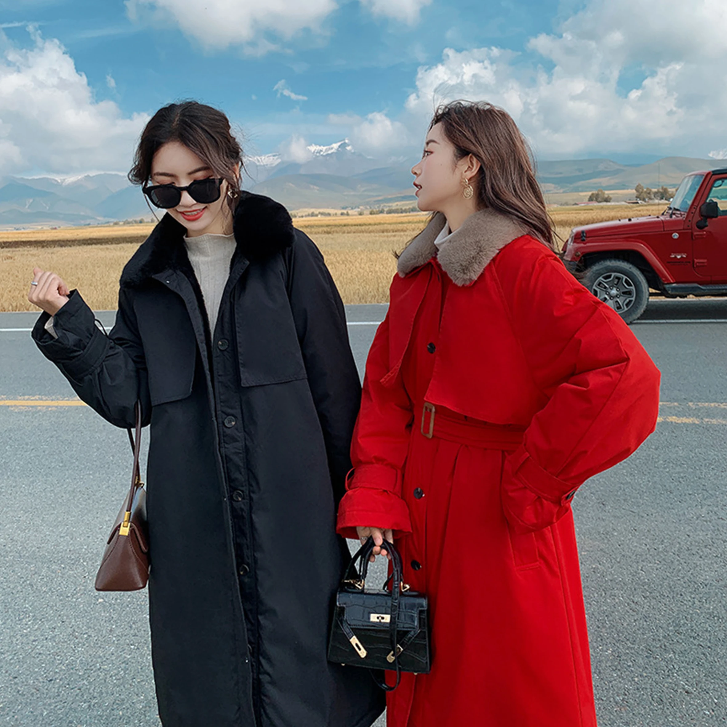 

FNOCE 2021 new womens down jackets fashion treds streetwear elegant solid long sleeve fur collar slim X-Long parkas trench coats