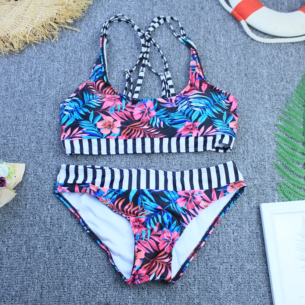 

Swimsuit Women 2 pieces Push Up Bikini Set Plus Size Swimwear Sexy Padded Halter Floral Stripe Summer Bathing Suit Beachwear