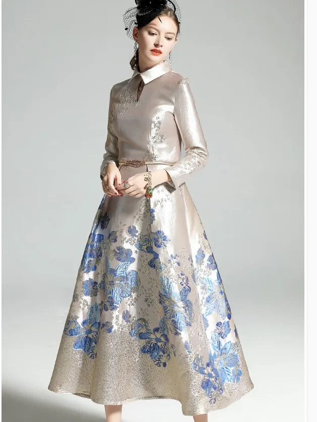 Женское жаккардовое платье с отложным воротником Элегантное Длинное