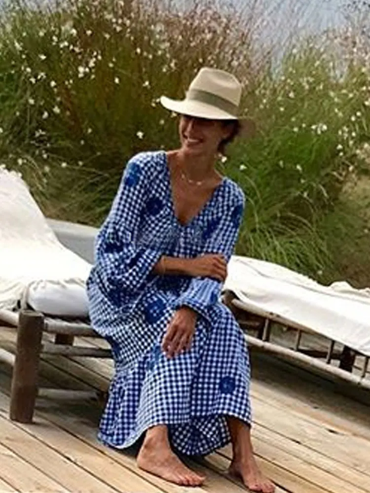 

Summer Bohemian travel beach dress nepalese national style embroidered dress V neck plaid loose plaid dress