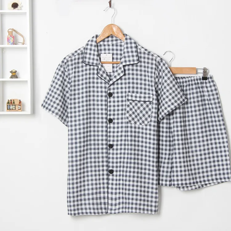 

Summer Men Plaid Pajamas Pure Cotton Gauze Short Sleeve Shorts Home Wear Thin