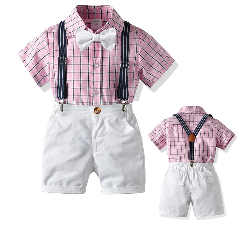 

Летний Костюм Джентльмена для мальчиков, белые штаны-комбинезон + рубашка в клетку костюмы для свадеб, дней рождения, комплекты для детей, од...