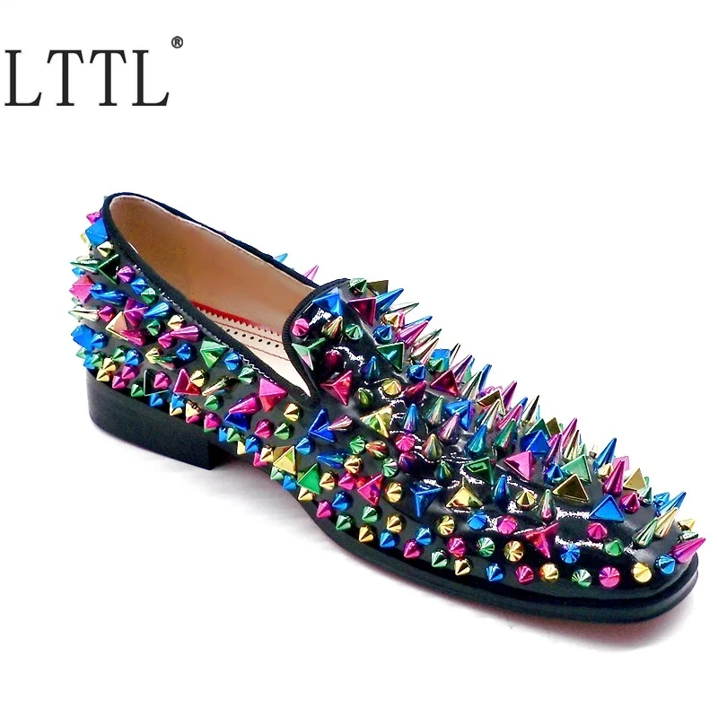 LTTL Black Patent Leather Multicolor Spikes Loafers Men Dress Shoes Handmade Slip On Designer Brand Rivets Casual | Обувь