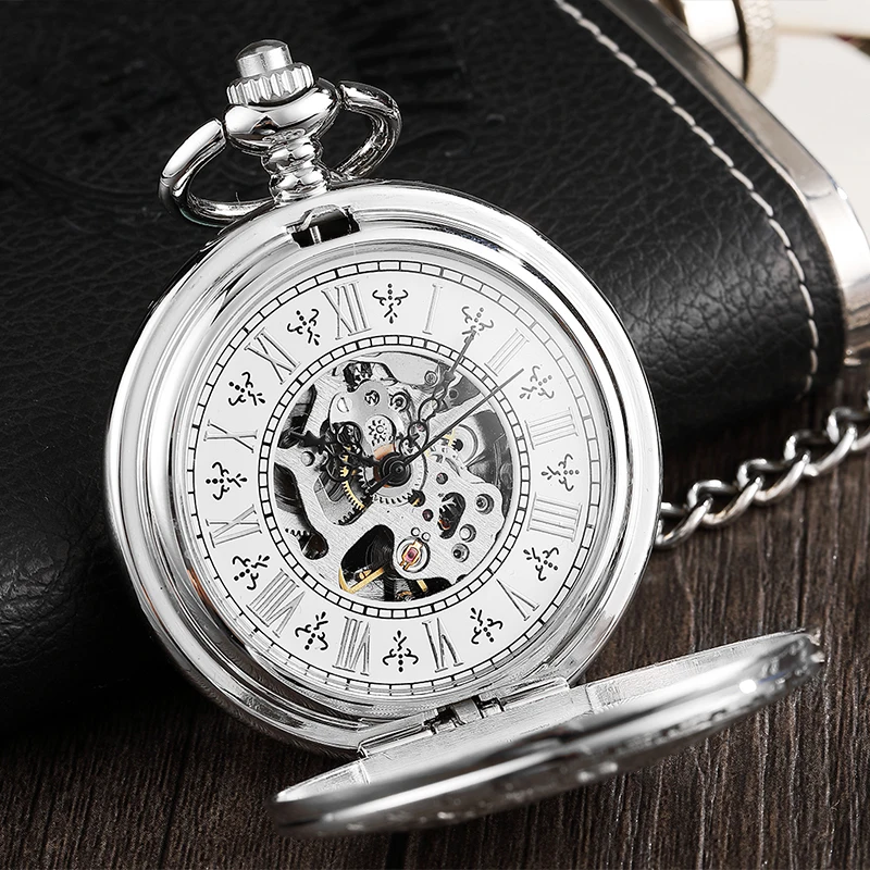 Roman Numeral Antique Mechanical Pocket Watch Skeleton Steampunk Vintage Luxury Eagle Engraved Dial Male Fob Chain Clock for Men