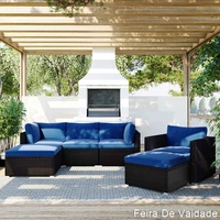 6PCS Outdoor Patio Sectional All Weather PE Wicker Rattan Sofa Set with Glass Table, Blue Cushion+ Brown Wicker