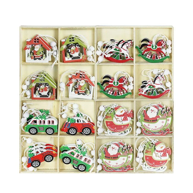 

12 шт./корт., Рождественское украшение, деревянный подвесной кулон, мультяшный Санта-Клаус, снеговик, узор для автомобиля, рождевечерние НКА, ...