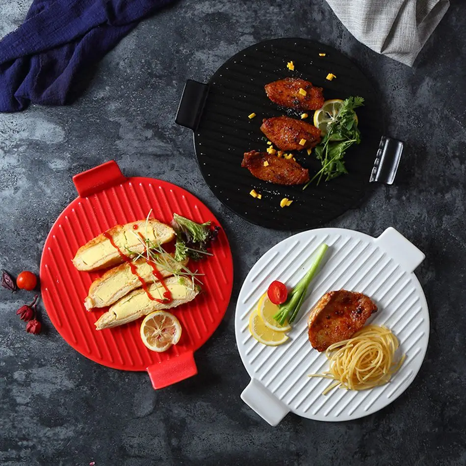 

Nordic Round Health Ceramic Special Restaurant Tableware Baking Tray Binaural With Baking Korean Barbecue Flat Creative Plate