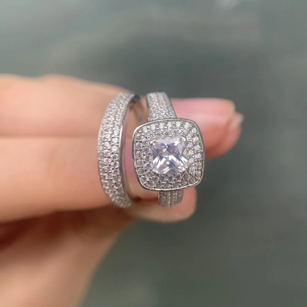 Wuziwen 2,26 Ct Принцесса Cut Белый Циркон 925 стерлингового серебра Свадебные Кольца для женщин кольцо для помолвки набор классических ювелирных изделий
