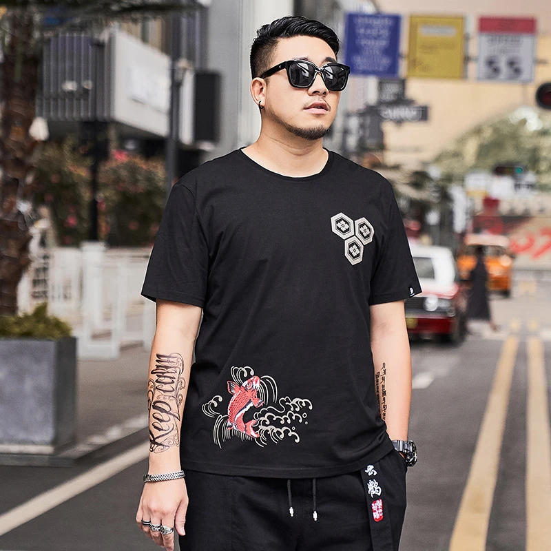 

Lyprerazy Plus Size Summer Carp Fish Printed Chinese Ethnick T Shirt Men's Hip Hop Casual Cotton Tee Tops for Big Guys