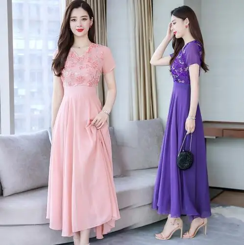 Женское шифоновое платье макси с V образным вырезом|Женские платья| |