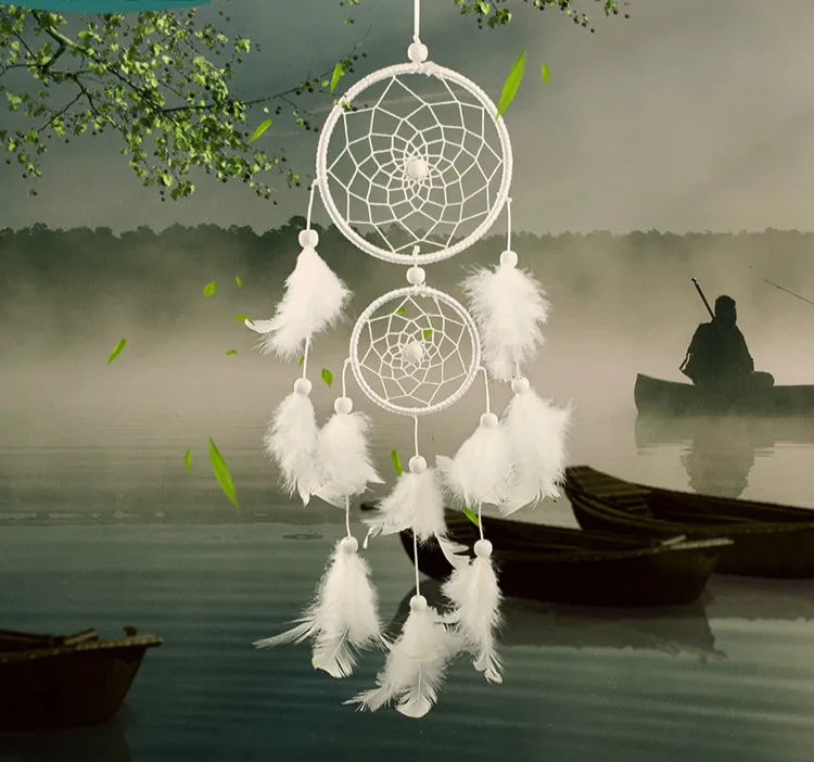 

White Two-ring Dream Catcher Home Decoration Wedding Decoration Feather Wind Chime Pendant Creative Gift