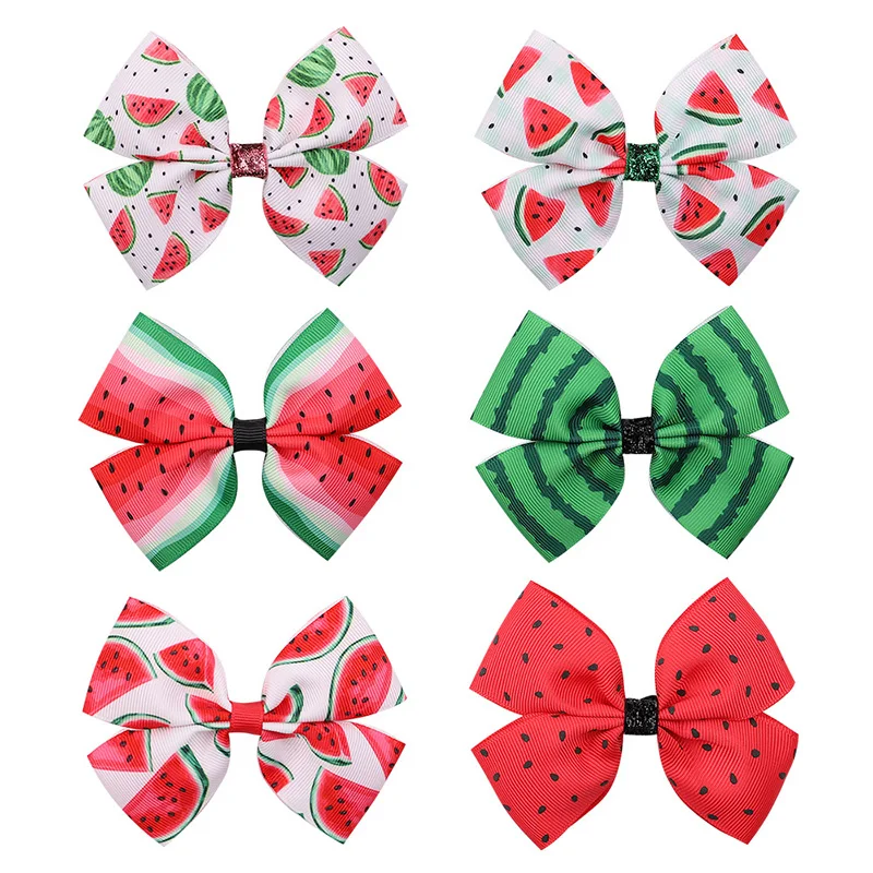 

1Piece Summer Watermelon Printing Hair Bows With Hair Clips Satin Bowknots For Girl Hairpin Christmas Elements Hair Accessories