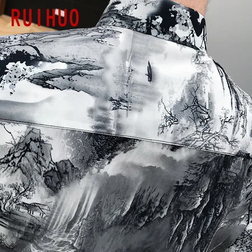 

RUIHUO Print Casual Shirts For Men Clothing Short Sleeve Shirt Men Vintage Clothes Mens Shirt Dress M-3XL 2021