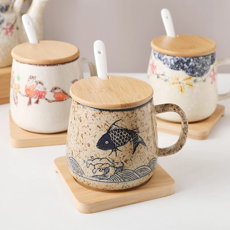 

Japanese Mugs Antique Chinese Ceramics Drinking Water Office and Household Adult Cups with Bamboo and Wood Covers and Spoons