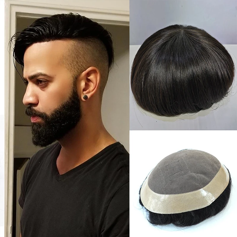 

6*8 7*9 "PU+mono Base" Custom Customized Straight Men Human Hair System Replacement Toupee Hairpiece for Hair Loss Alopecia