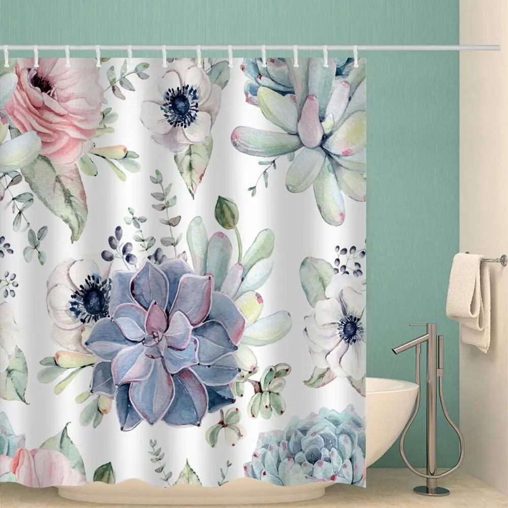 

Занавеска для душа из ткани с красивыми суккулентами, кактусами, зеленые, розовые, белые цветы, растения, домашний декор, набор занавесок для...