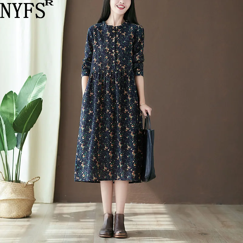 

Женское платье с длинным рукавом NYFS, винтажное платье из хлопка и льна с цветочным принтом, для весны и осени, 2021