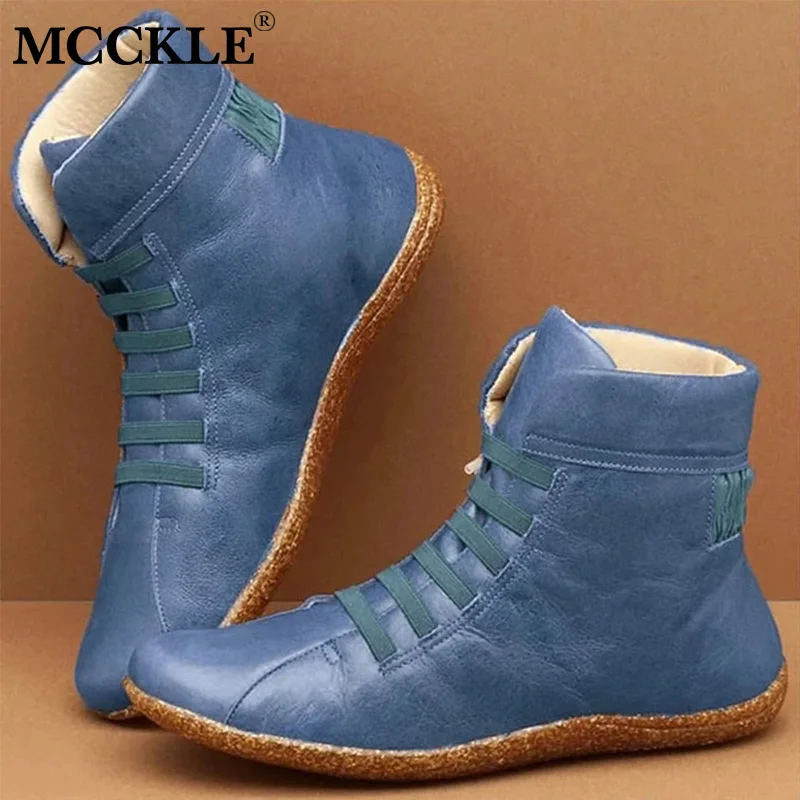 MCCKLE/женские ботильоны из искусственной кожи на плоской подошве; винтажная женская обувь на платформе с перекрестными ремешками; женская обувь; Botas Mujer; размера плюс