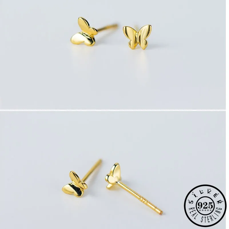 

100% 925 Sterling Silver Small Butterfly Shape Ear Studs Gold Color Plated Earrings Fine Jewelry for Women Girls Lady