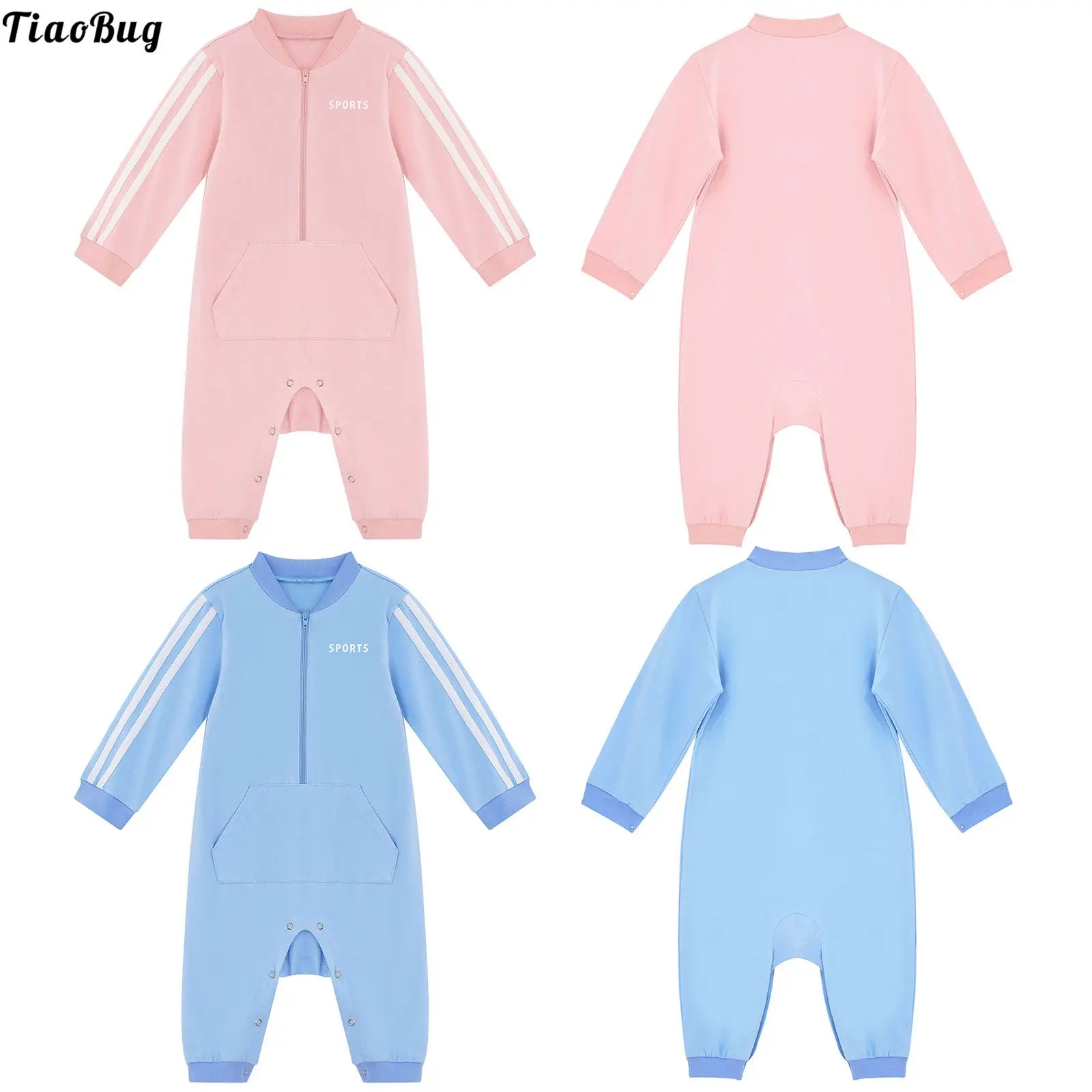 

Spring Autumn Kids Baby Infant Pure Color Stand Collar Long Sleeves Front Zipper Press Buttons At Crotch Long Romper Jumpsuit