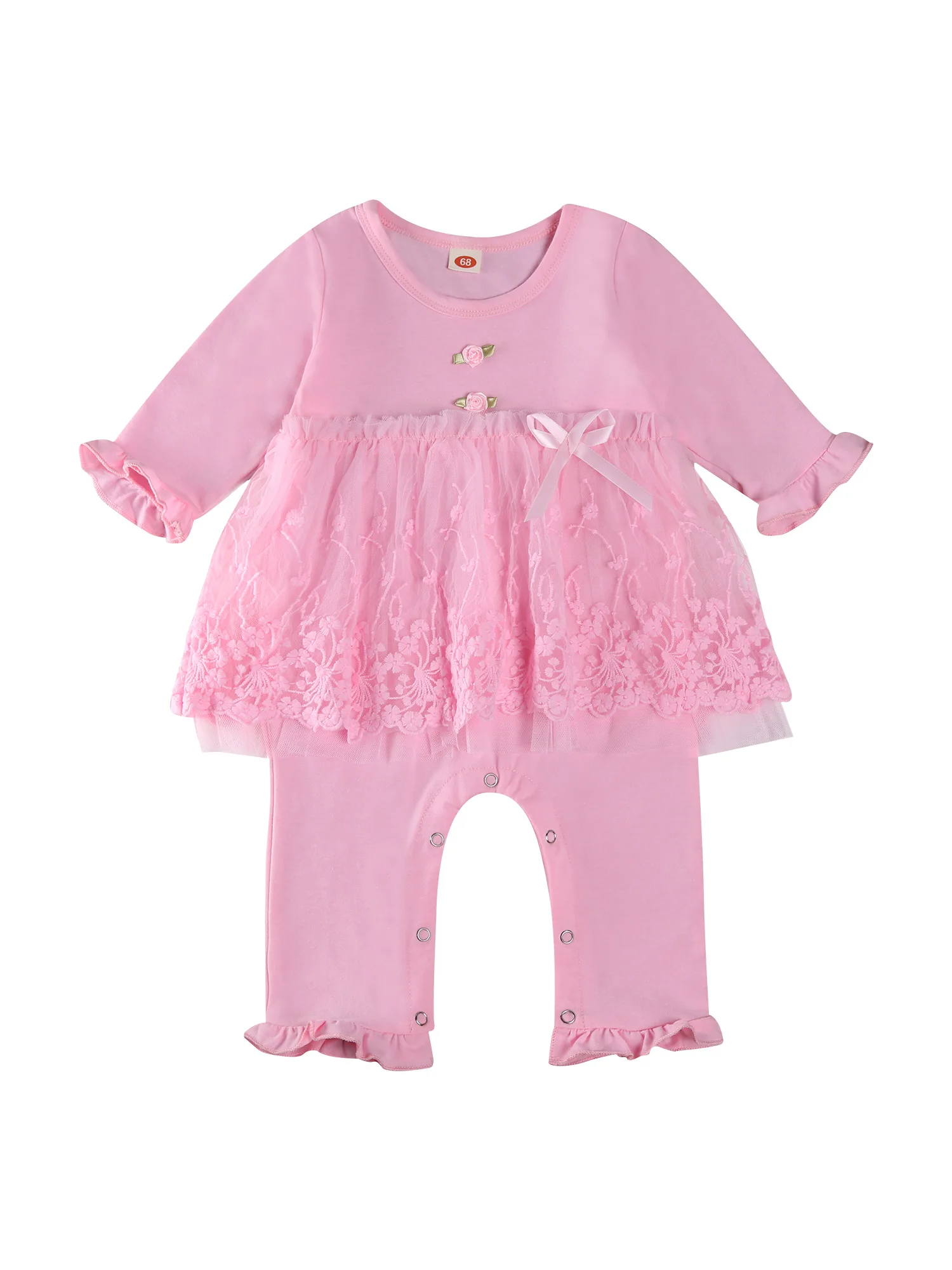 

Baby Girl Romper, Floral Dress, Flower Embroidery Crotch Buttons Long Sleeve Round Collar Layered Bow Clothes