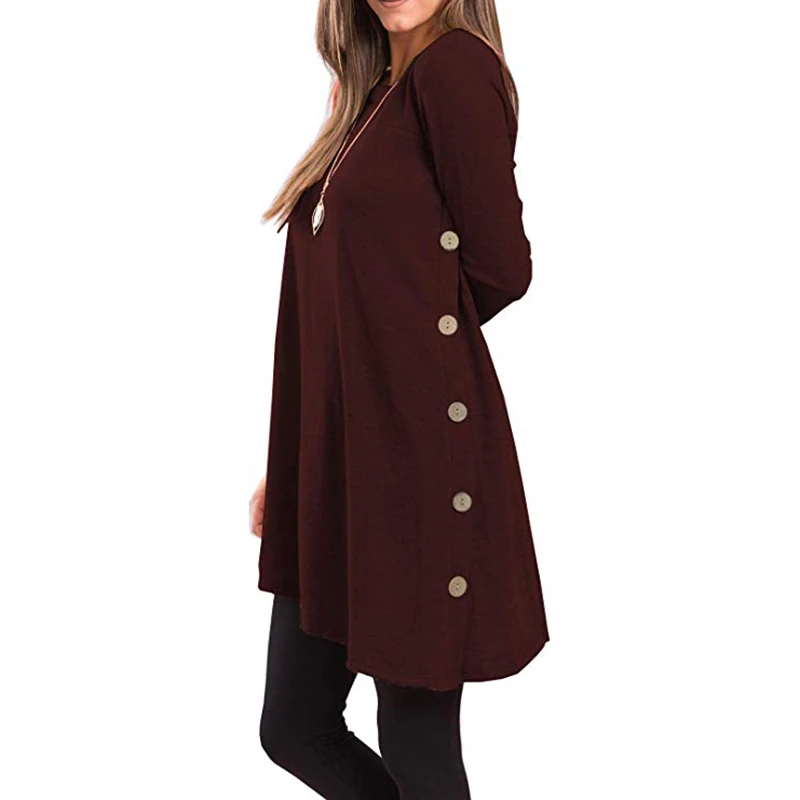 Женская блузка с длинным рукавом и круглым вырезом однотонная туника пуговицами