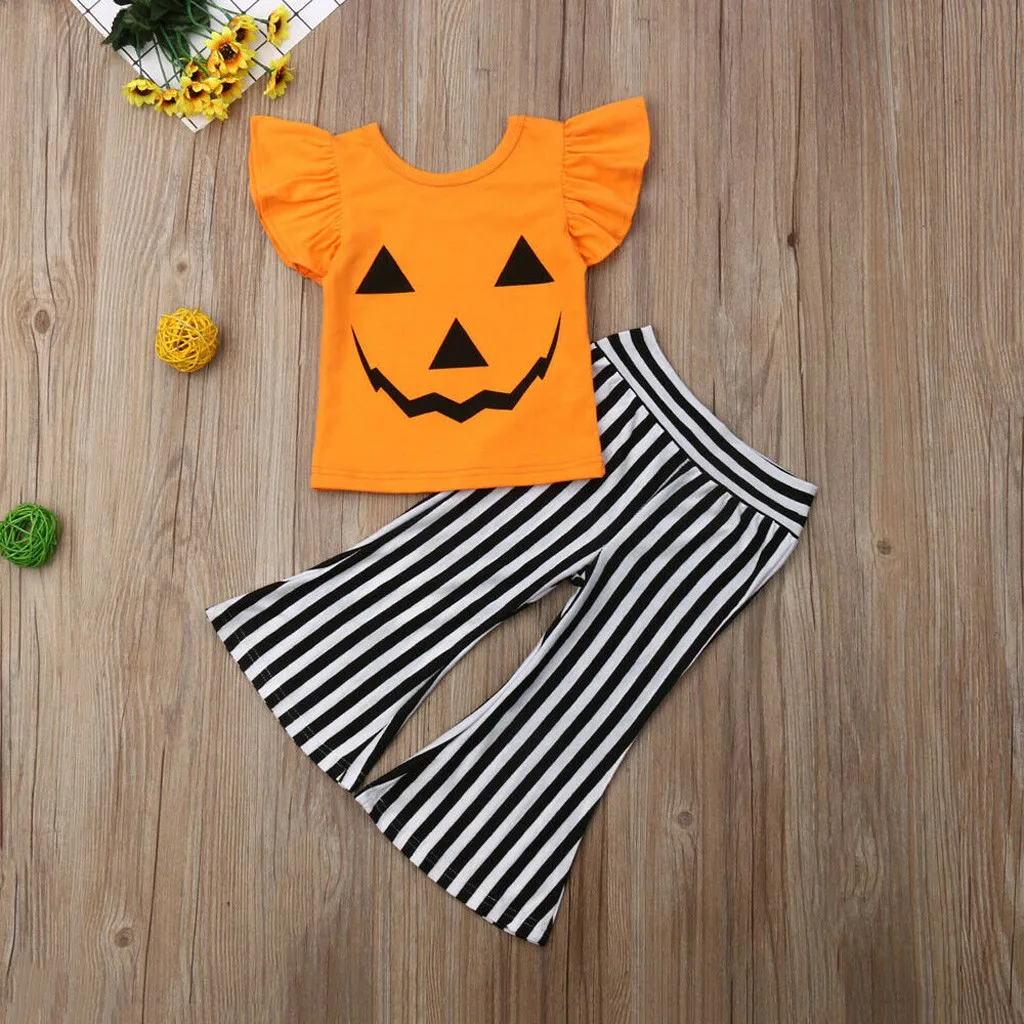 Детская футболка с тыквой на Хэллоуин для маленьких девочек + штаны в полоску
