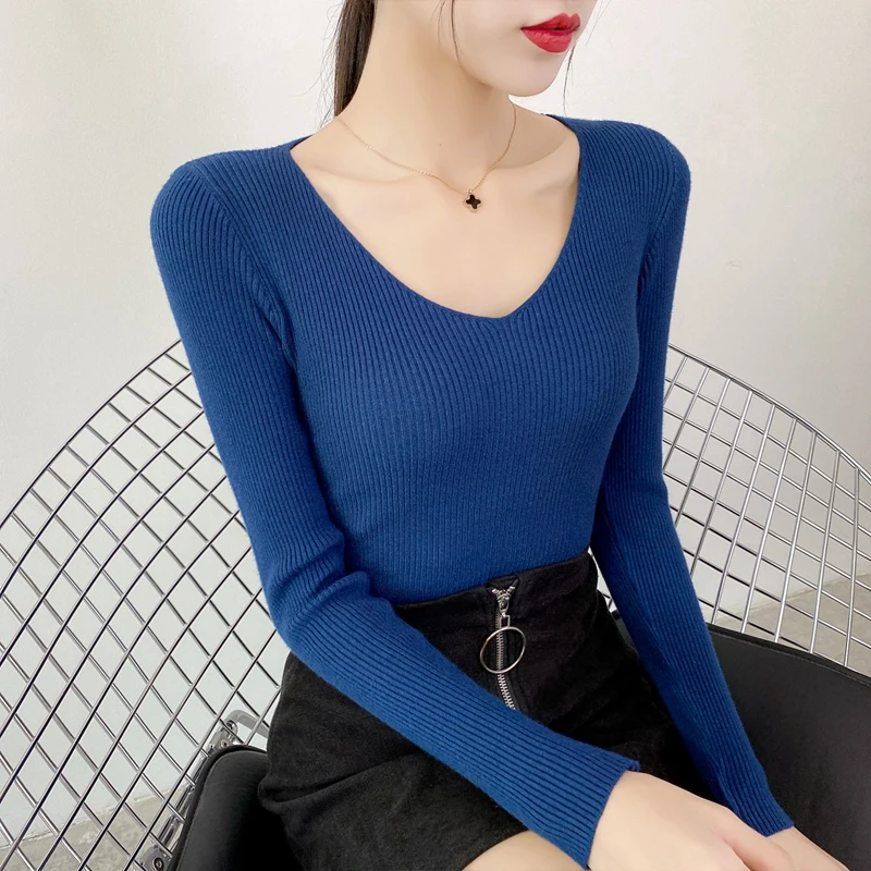 

Женский однотонный вязаный пуловер, повседневный базовый однотонный пуловер с V-образным вырезом и длинным рукавом, теплый свитер цвета хак...